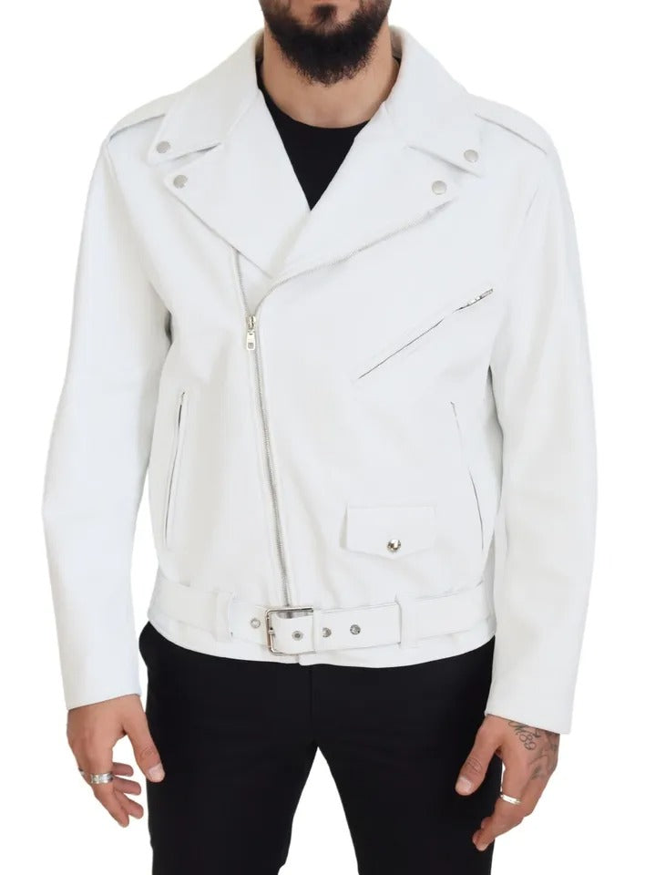  - White Leather Biker Coat Zipper Jacket