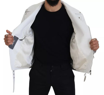  - White Leather Biker Coat Zipper Jacket