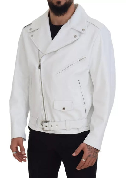  - White Leather Biker Coat Zipper Jacket