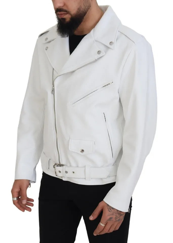  - White Leather Biker Coat Zipper Jacket