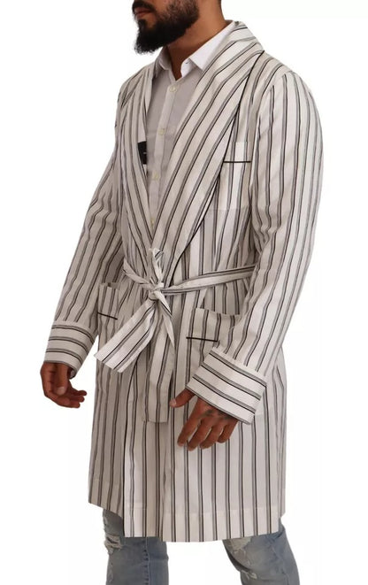  - White Striped Cotton Robe Coat Wrap Jacket