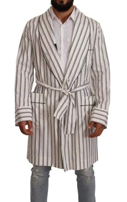  - White Striped Cotton Robe Coat Wrap Jacket