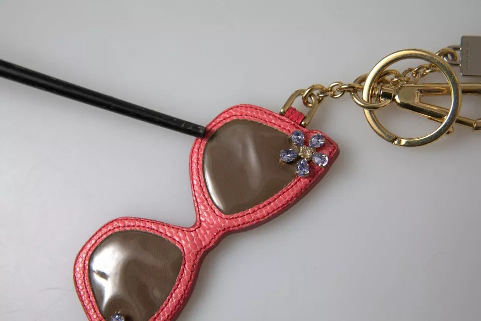  - Red Leather Crystal Sunglasses Gold Metal Keyring Keychain