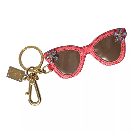  - Red Leather Crystal Sunglasses Gold Metal Keyring Keychain