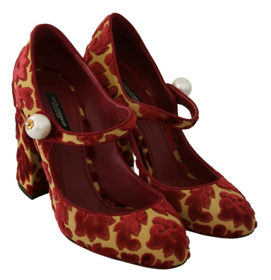  - Red Floral Brocade Heels Mary Janes Pumps Shoes