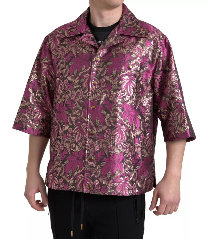  - Fuchsia Pink Floral Jacquard Button Down Shirt