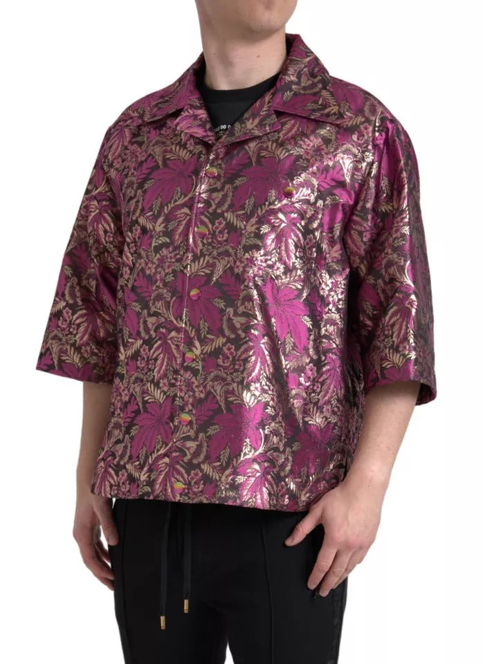  - Fuchsia Pink Floral Jacquard Button Down Shirt