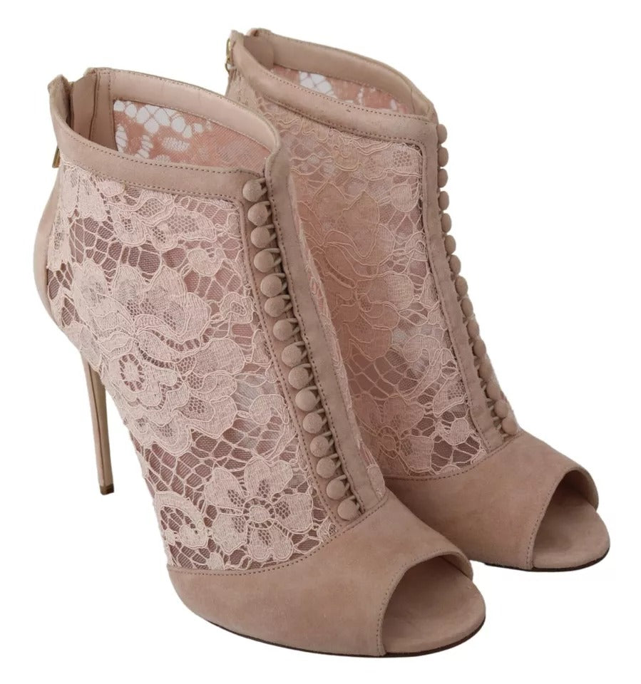 Beige Lace Suede Peep Toe Ankle Boots Shoes