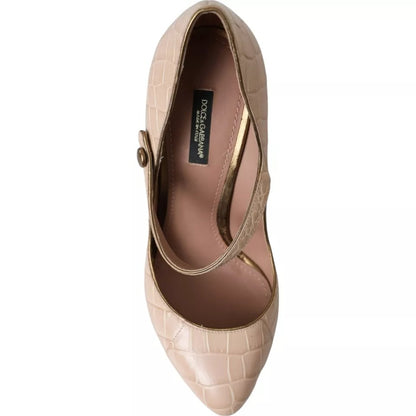 Beige Leather Mary Janes Embellished Shoes