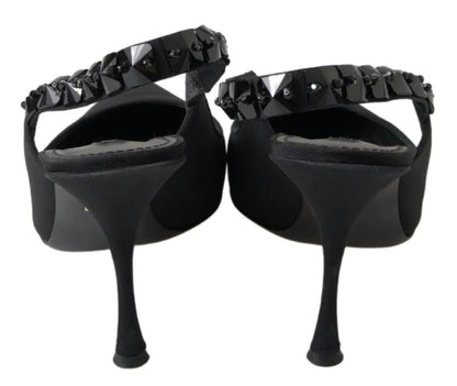  - Black Embellished Charmeuse Slingback Heels Shoes