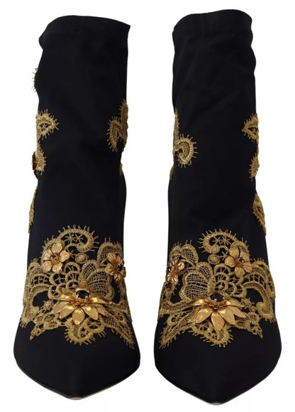  - Black Gold Embroidery Slip On Boots Shoes