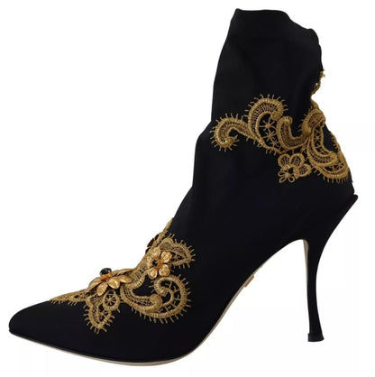  - Black Gold Embroidery Slip On Boots Shoes