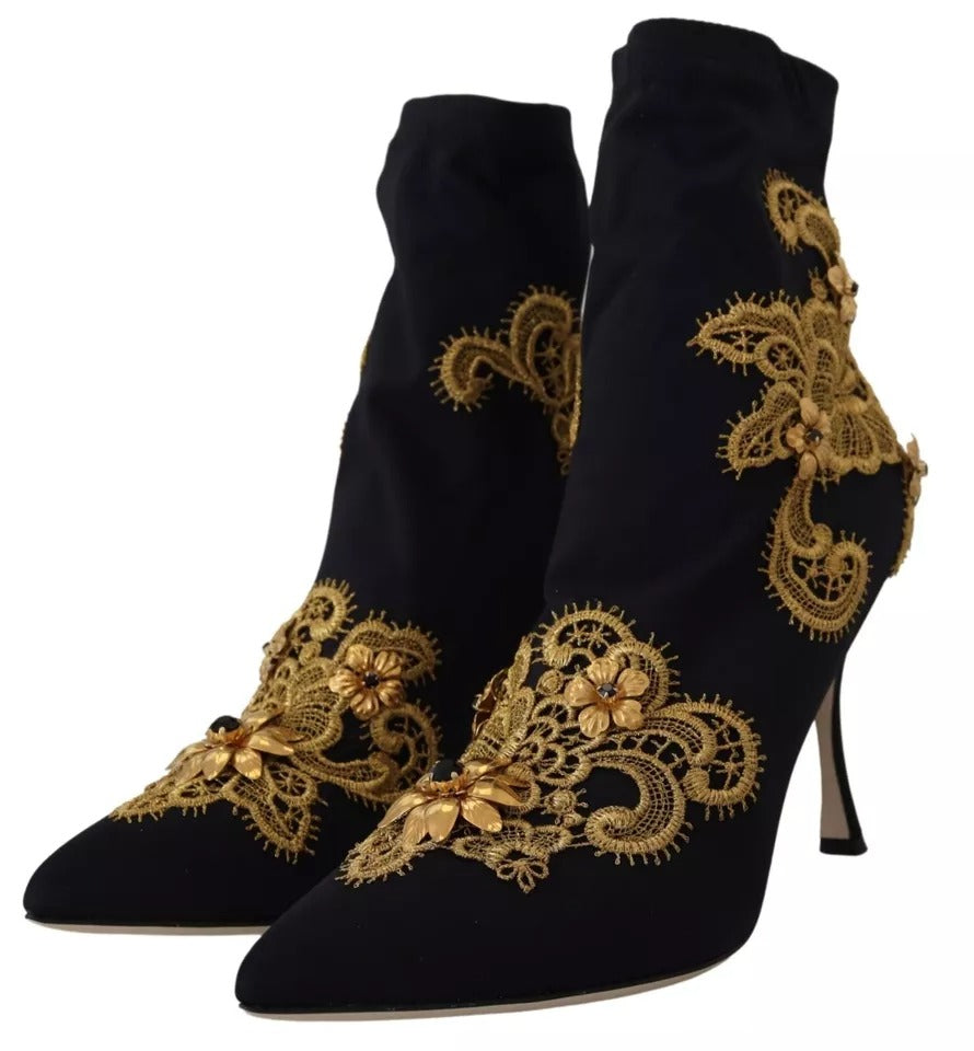  - Black Gold Embroidery Slip On Boots Shoes