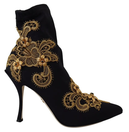  - Black Gold Embroidery Slip On Boots Shoes