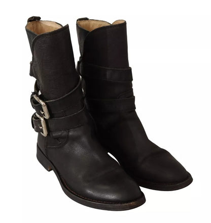 Dolce & Gabbana Black Leather Buckle Mid Calf Boots
