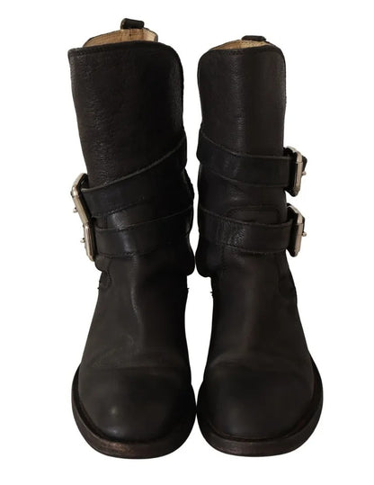  - Black Leather Buckle Mid Calf Boots Shoes