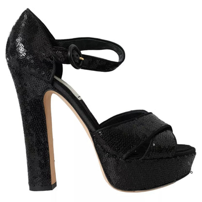  - Black Sequin Ankle Strap Heels Sandals Shoes