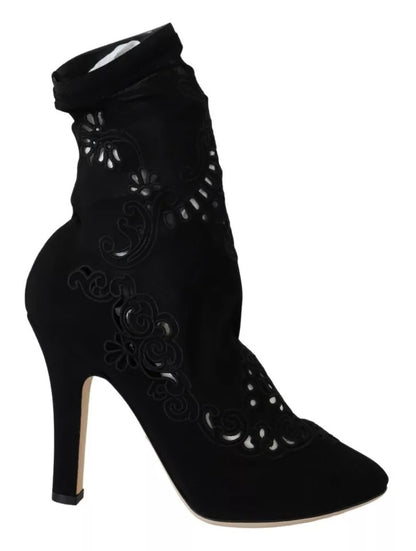  - Black Stretch Pumps Boots Floral Lace Shoes