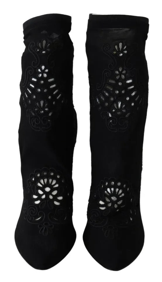  - Black Stretch Pumps Boots Floral Lace Shoes