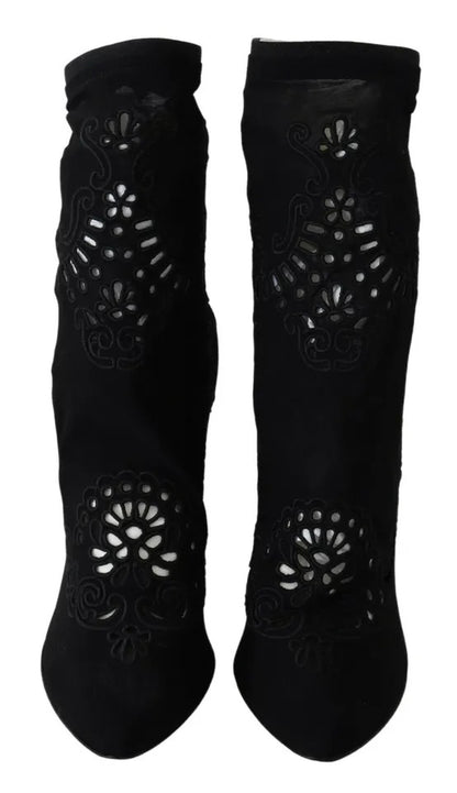 Dolce & Gabbana Black Stretch Floral Lace Boots
