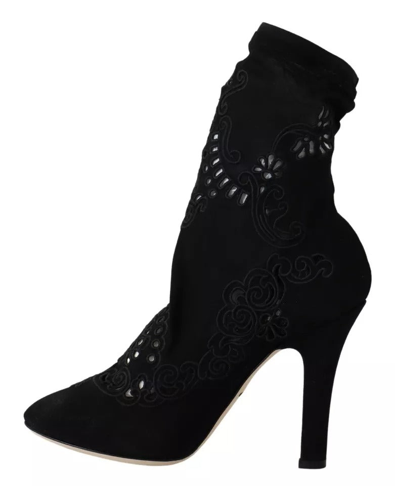  - Black Stretch Pumps Boots Floral Lace Shoes