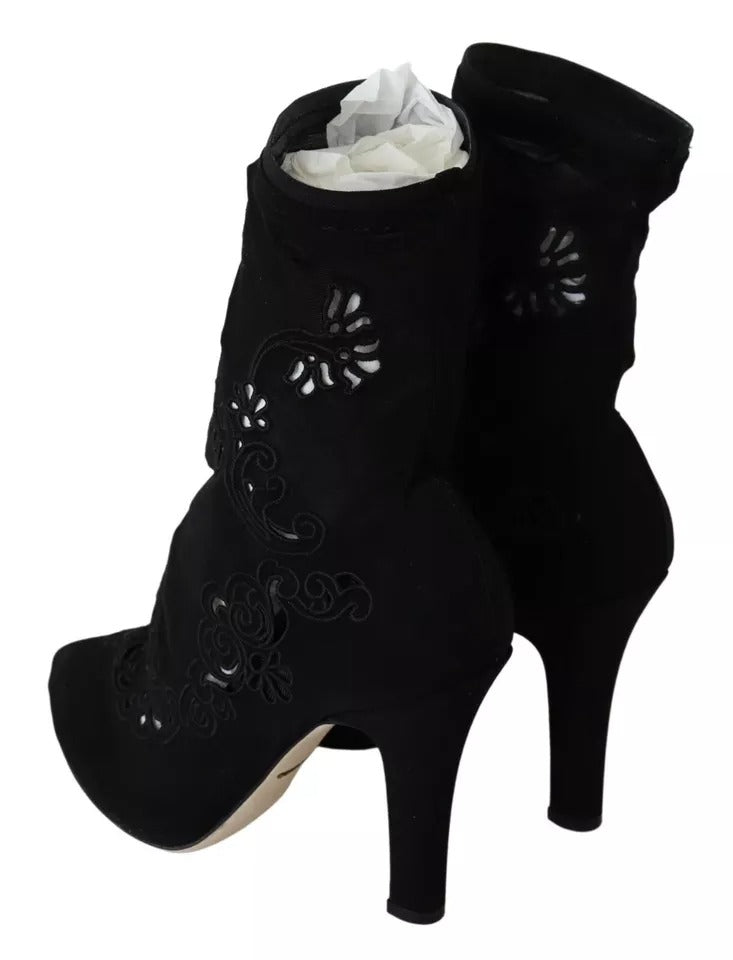  - Black Stretch Pumps Boots Floral Lace Shoes