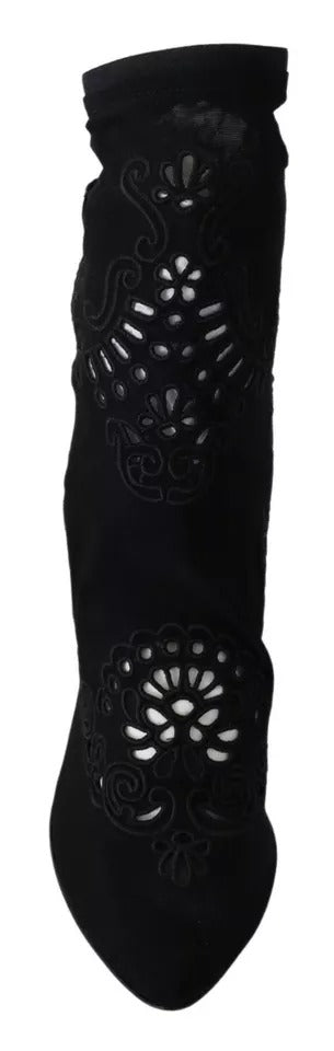  - Black Stretch Pumps Boots Floral Lace Shoes