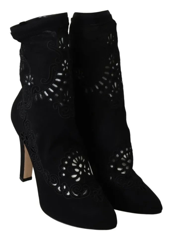  - Black Stretch Pumps Boots Floral Lace Shoes