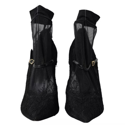  - Black Tulle Stretch Boots Pumps Shoes