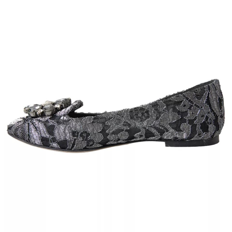  - Gray Black Lace Crystal Ballet Loafers Shoes