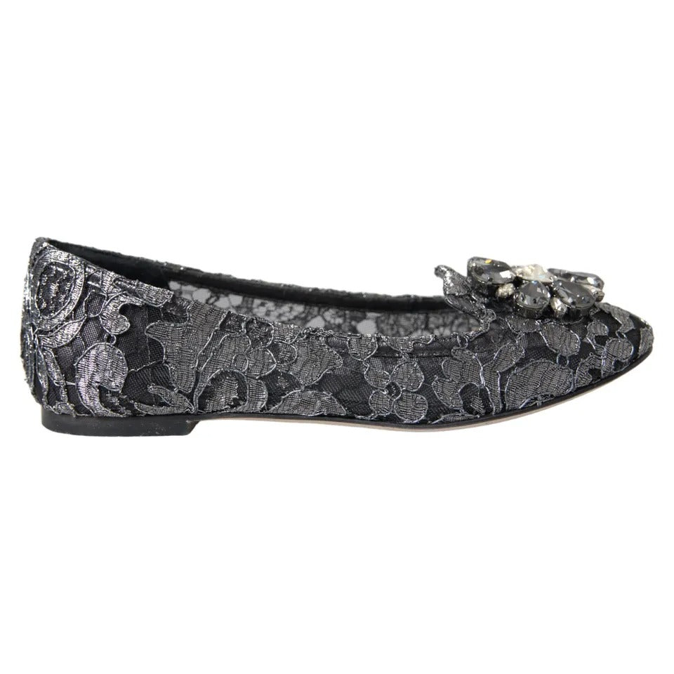  - Gray Black Lace Crystal Ballet Loafers Shoes