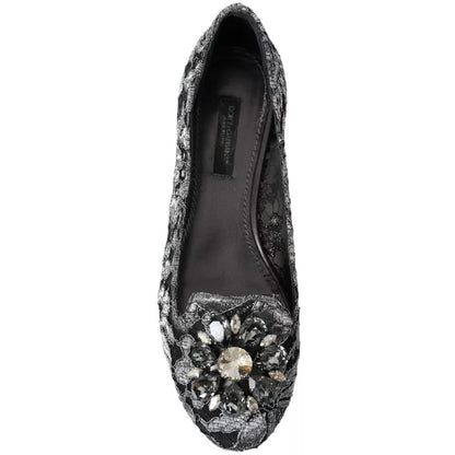  - Gray Black Lace Crystal Ballet Loafers Shoes