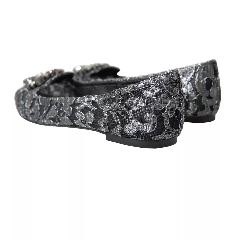  - Gray Black Lace Crystal Ballet Loafers Shoes