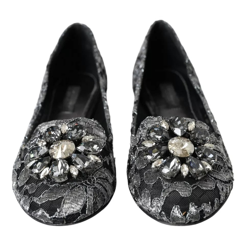  - Gray Black Lace Crystal Ballet Loafers Shoes