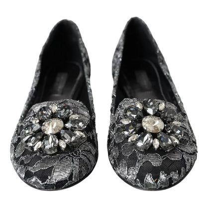  - Gray Black Lace Crystal Ballet Loafers Shoes