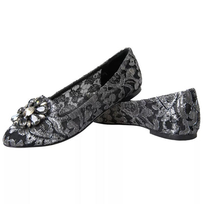  - Gray Black Lace Crystal Ballet Loafers Shoes