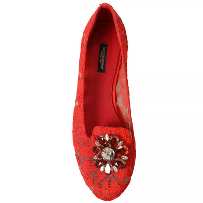  - Red Lace Crystal Ballet Loafers Shoes