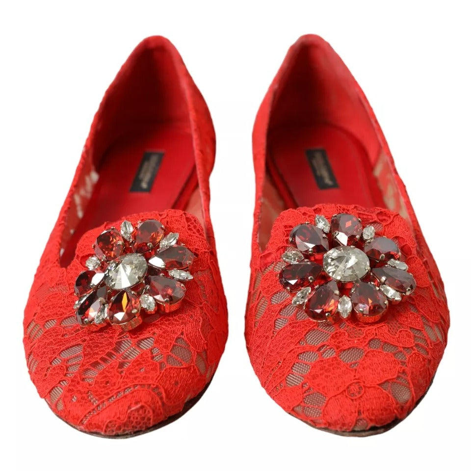  - Red Lace Crystal Ballet Loafers Shoes