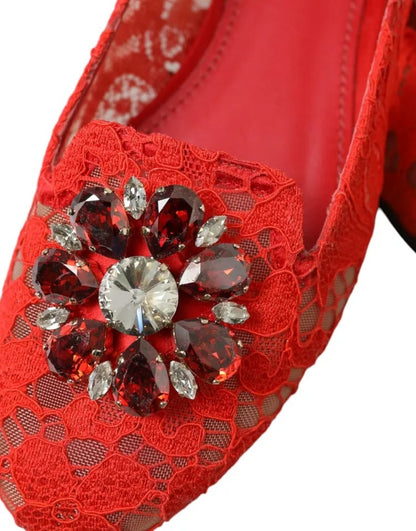  - Red Lace Crystal Ballet Loafers Shoes