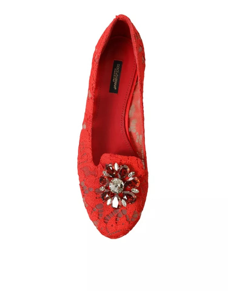  - Red Lace Crystal Ballet Loafers Shoes