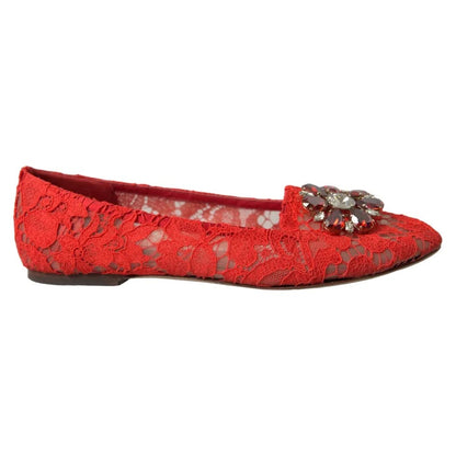  - Red Lace Crystal Ballet Loafers Shoes