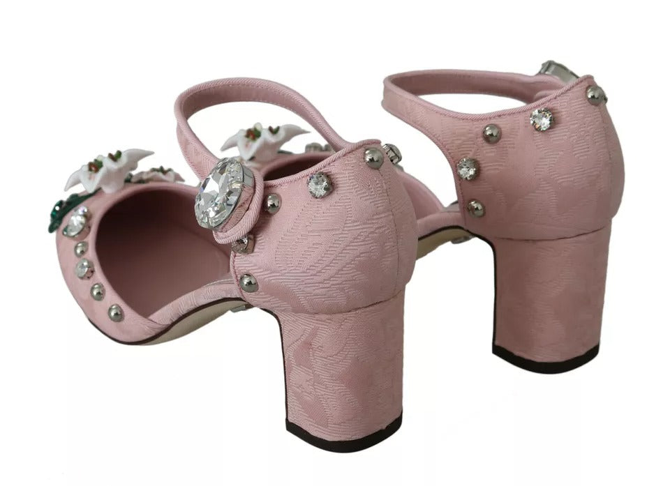 Pink Brocade Crystal Lily Ankle Strap Shoes