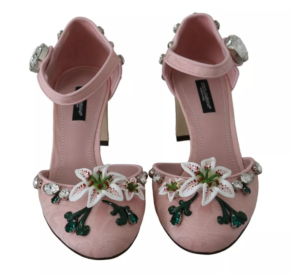  - Pink Brocade Crystal Lily Ankle Strap Shoes