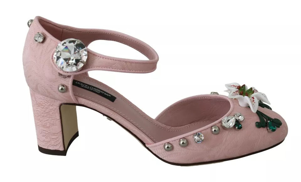  - Pink Brocade Crystal Lily Ankle Strap Shoes