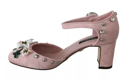  - Pink Brocade Crystal Lily Ankle Strap Shoes