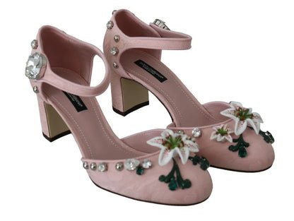  - Pink Brocade Crystal Lily Ankle Strap Shoes