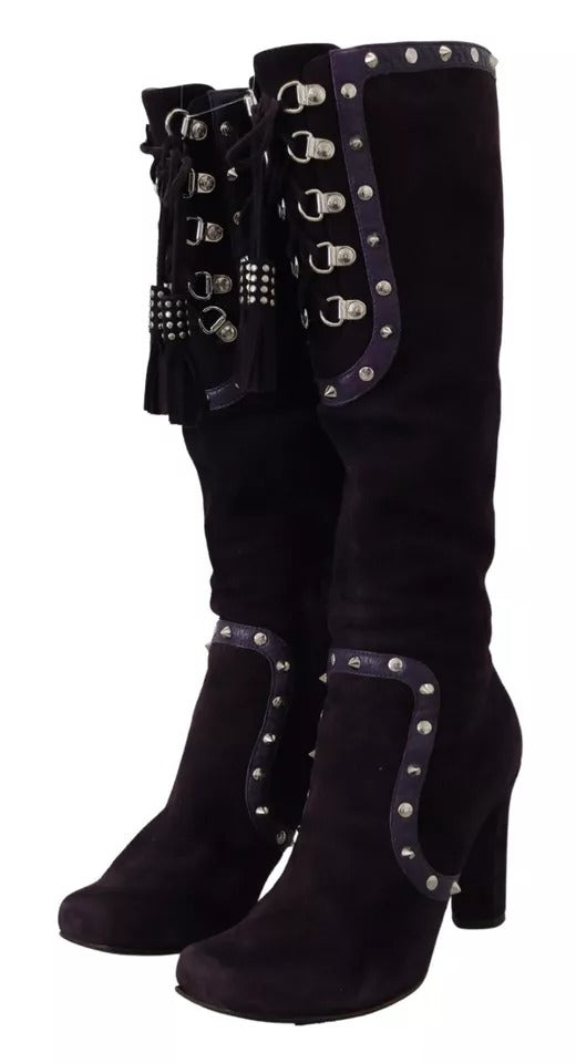  - Purple Suede Leather Studded High Boots Shoes