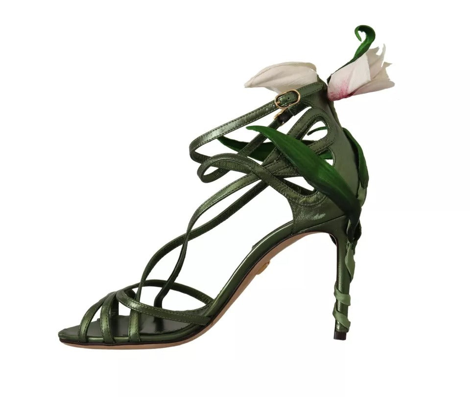  - Acid Green Leather Strappy Flower Heels Sandals Shoes