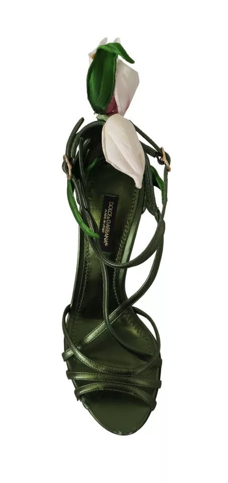  - Acid Green Leather Strappy Flower Heels Sandals Shoes