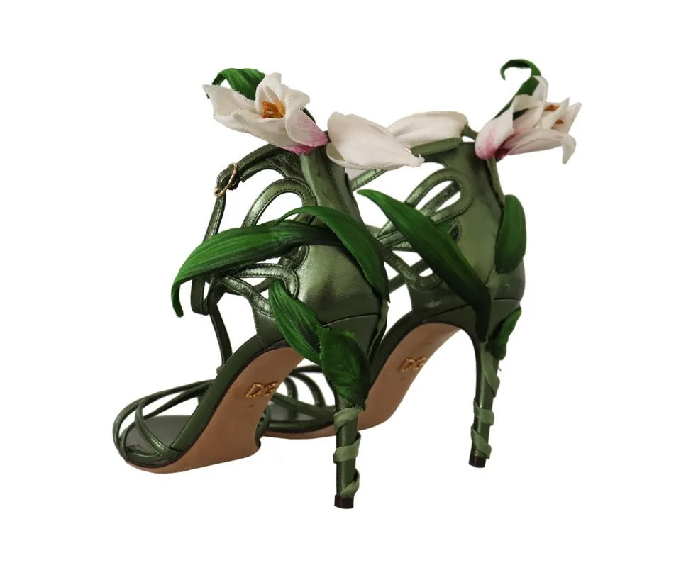  - Acid Green Leather Strappy Flower Heels Sandals Shoes